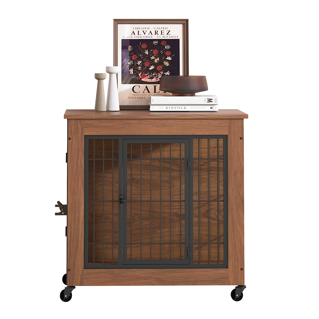 Heavy Duty Wooden Dog Crate Furniture with Wheels– Indoor Pet Kennel