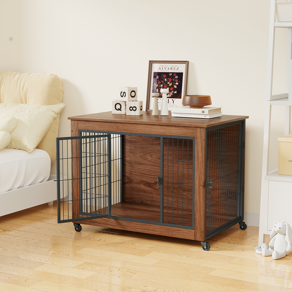 Heavy Duty Wooden Dog Crate Furniture with Wheels– Indoor Pet Kennel