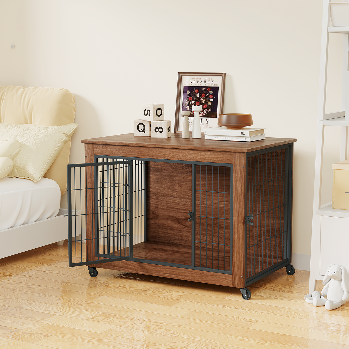 Heavy Duty Wooden Dog Crate Furniture with Wheels– Indoor Pet Kennel