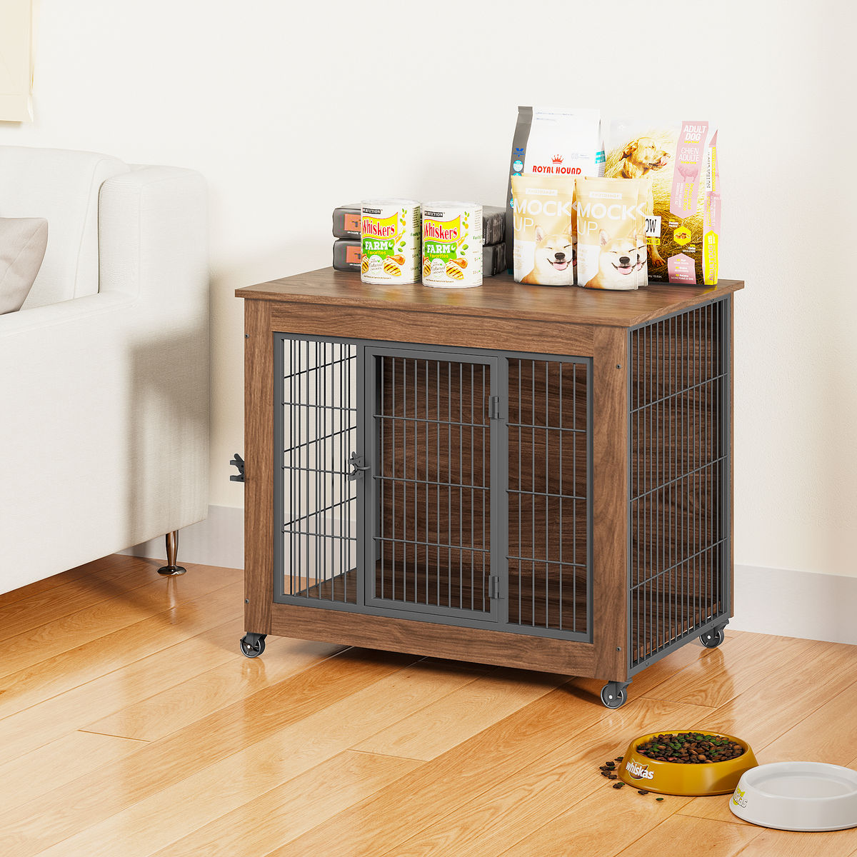 Heavy Duty Wooden Dog Crate Furniture with Wheels– Indoor Pet Kennel