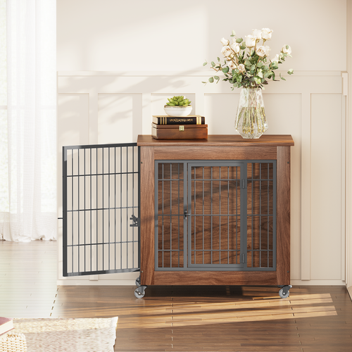Heavy Duty Wooden Dog Crate Furniture with Wheels– Indoor Pet Kennel