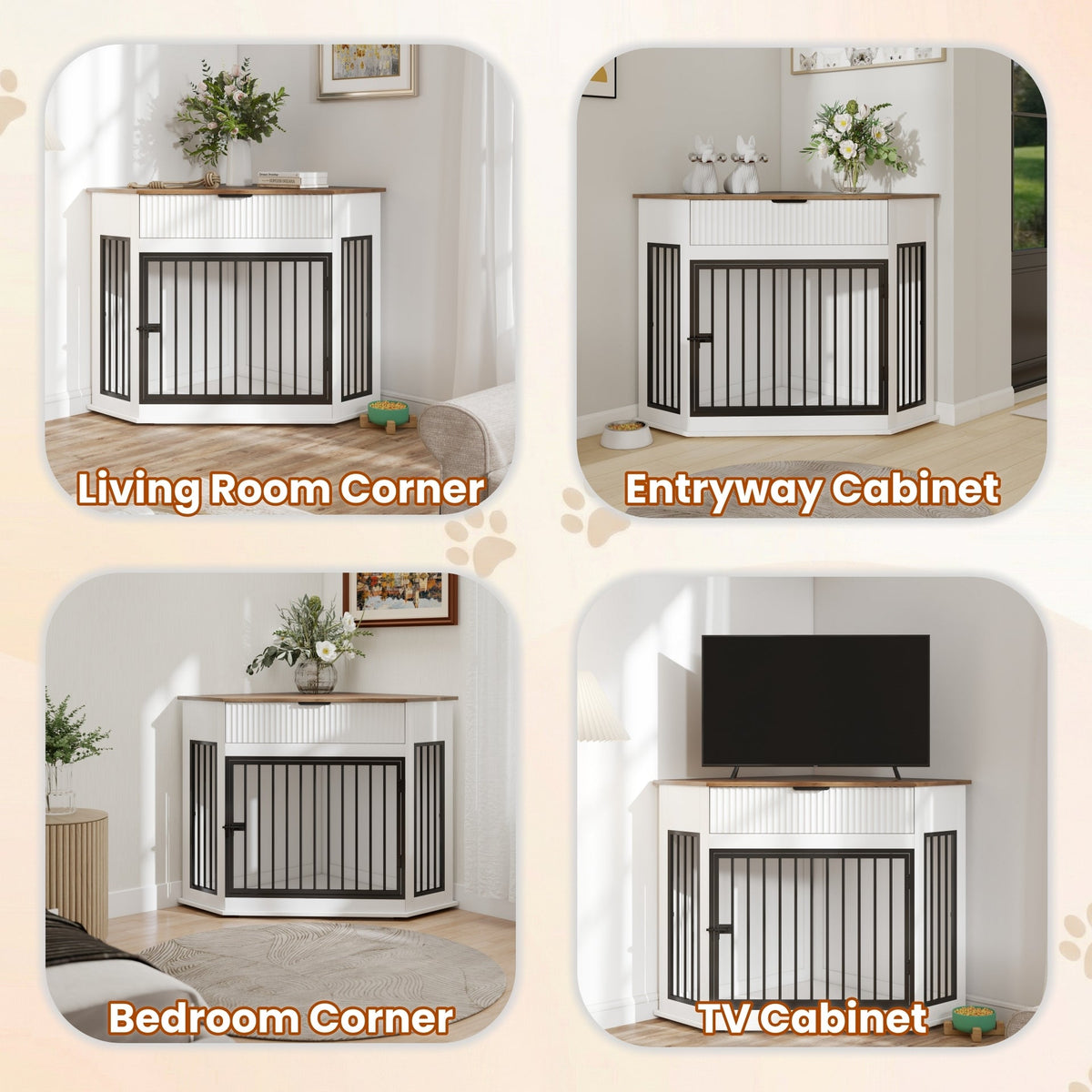 44.6" Corner Dog Crate Furniture with Fluted Drawer – MDF Wooden Dog