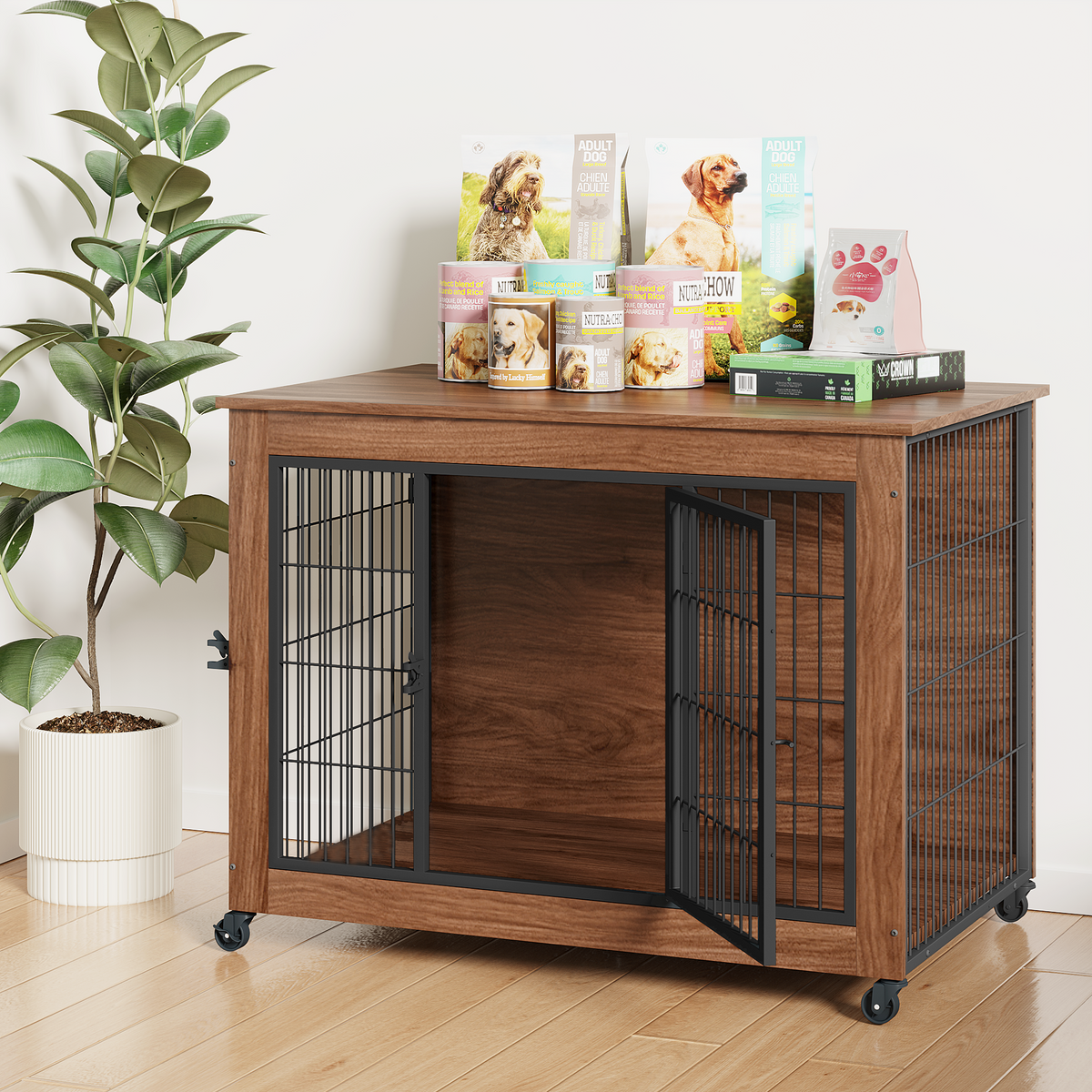 Heavy Duty Wooden Dog Crate Furniture with Wheels– Indoor Pet Kennel