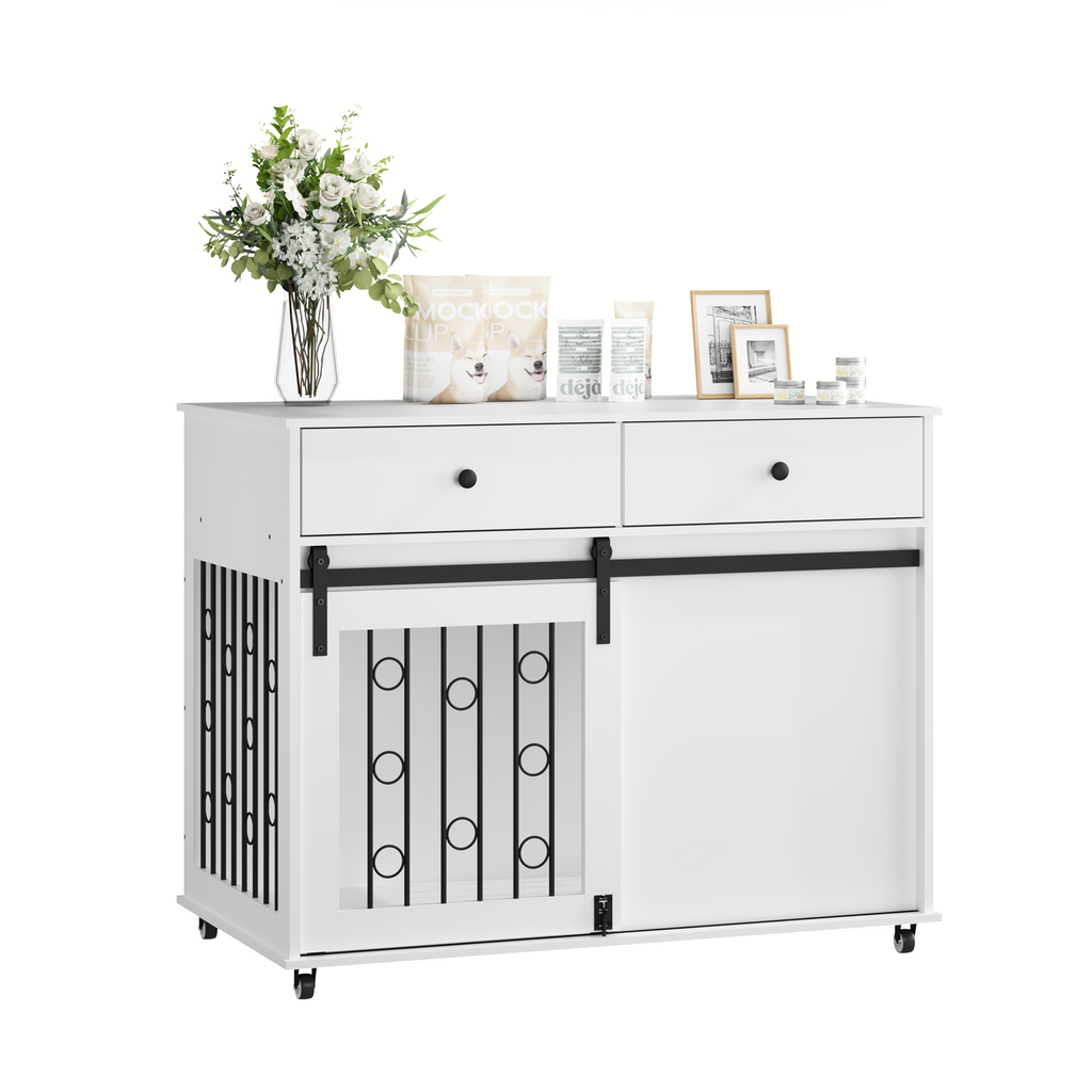 Modern Wooden Dog Crate Furniture with Sliding Barn Door – MDF Indoor