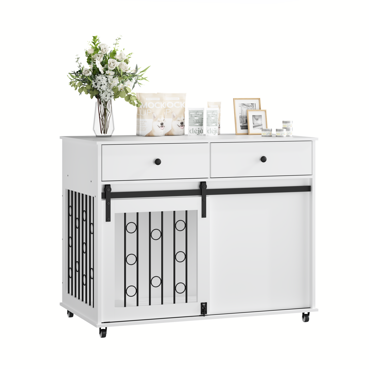 Modern Wooden Dog Crate Furniture with Sliding Barn Door – MDF Indoor