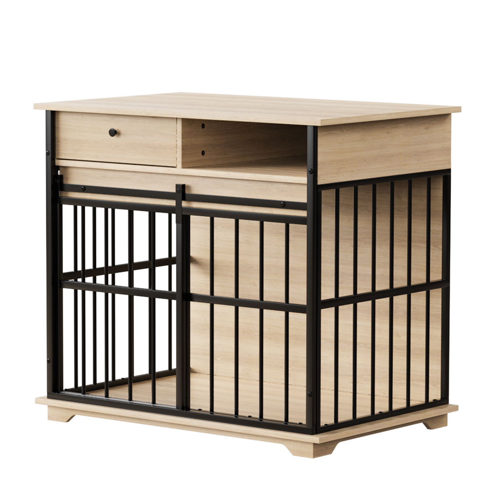 Modern Wooden Dog Crate Furniture with Tray, Large Indoor Pet Kennel