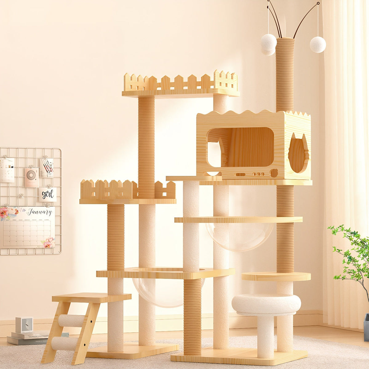 66.9-Inch Modern Wood Cat Tree with Sisal Posts, Acrylic Hammock and