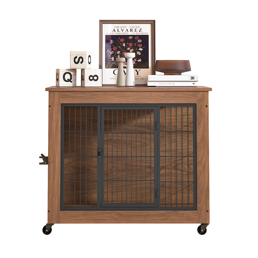 Heavy Duty Wooden Dog Crate Furniture with Wheels– Indoor Pet Kennel