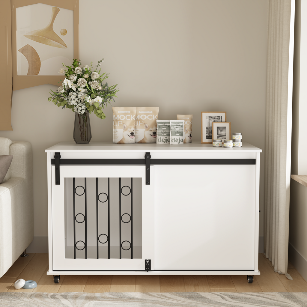 Modern Wooden Dog Crate Furniture with Sliding Barn Door – MDF Indoor