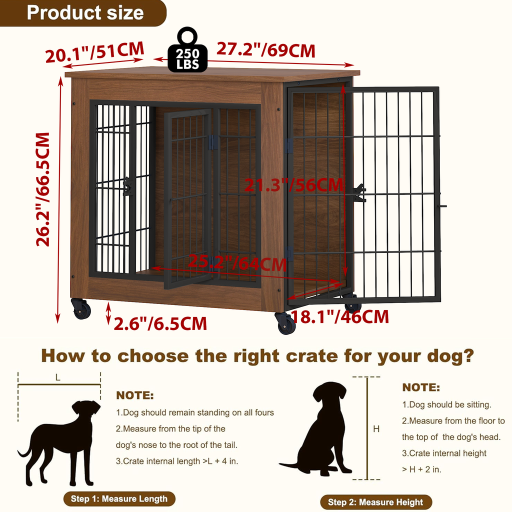 Heavy Duty Wooden Dog Crate Furniture with Wheels– Indoor Pet Kennel