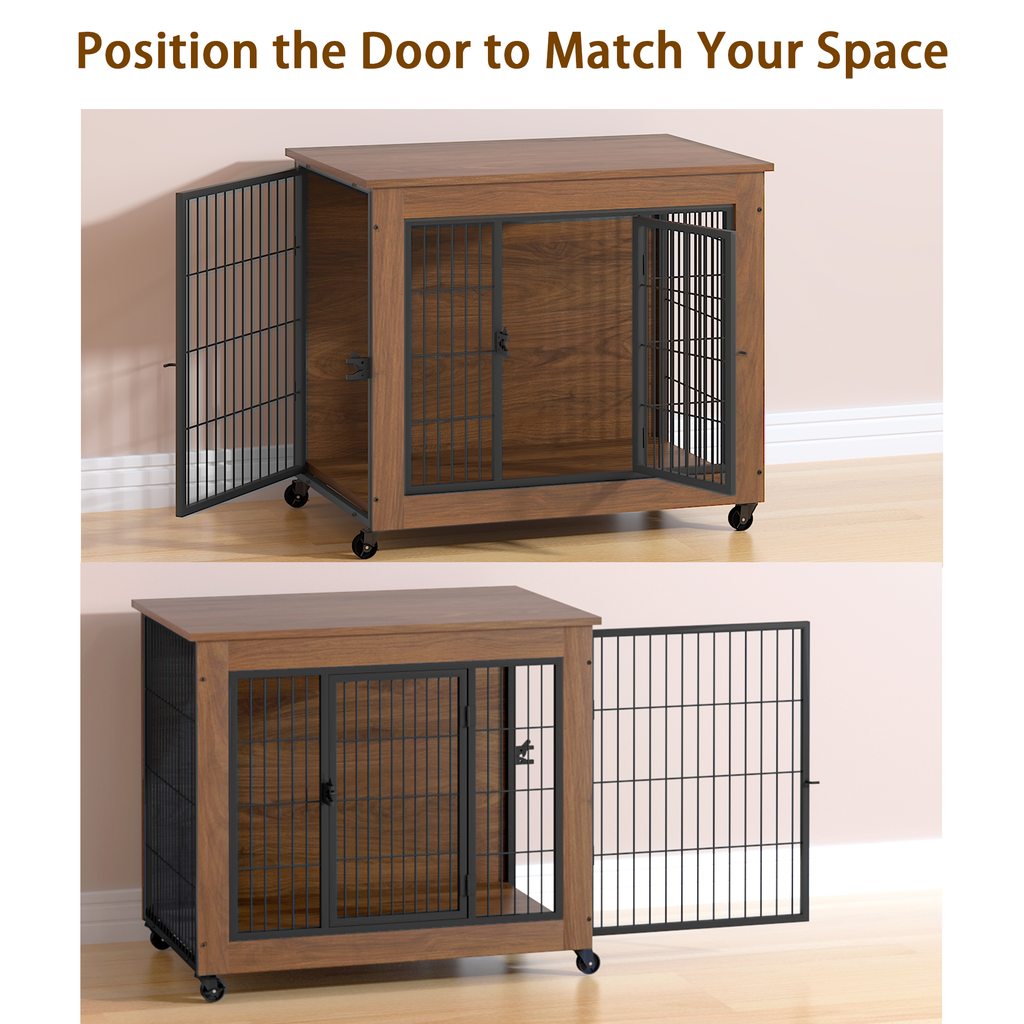 Heavy Duty Wooden Dog Crate Furniture with Wheels– Indoor Pet Kennel