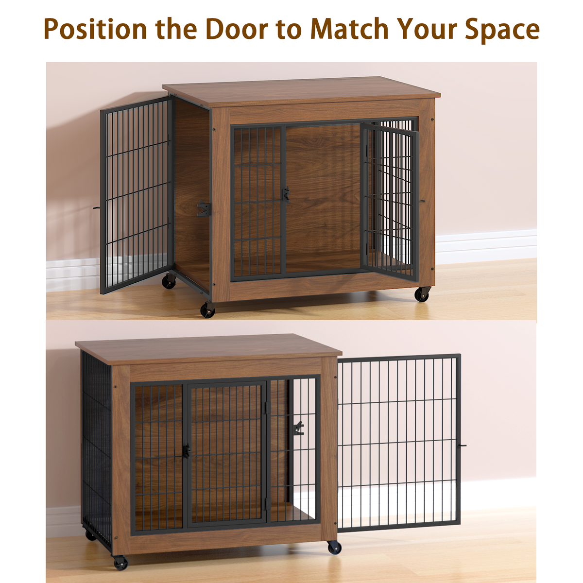 Heavy Duty Wooden Dog Crate Furniture with Wheels– Indoor Pet Kennel