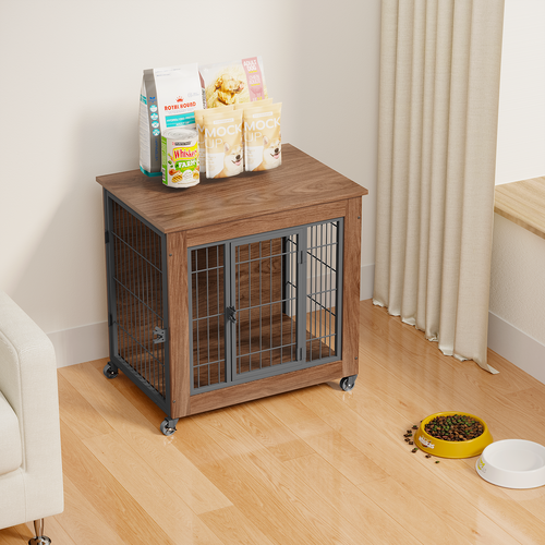 Heavy Duty Wooden Dog Crate Furniture with Wheels– Indoor Pet Kennel