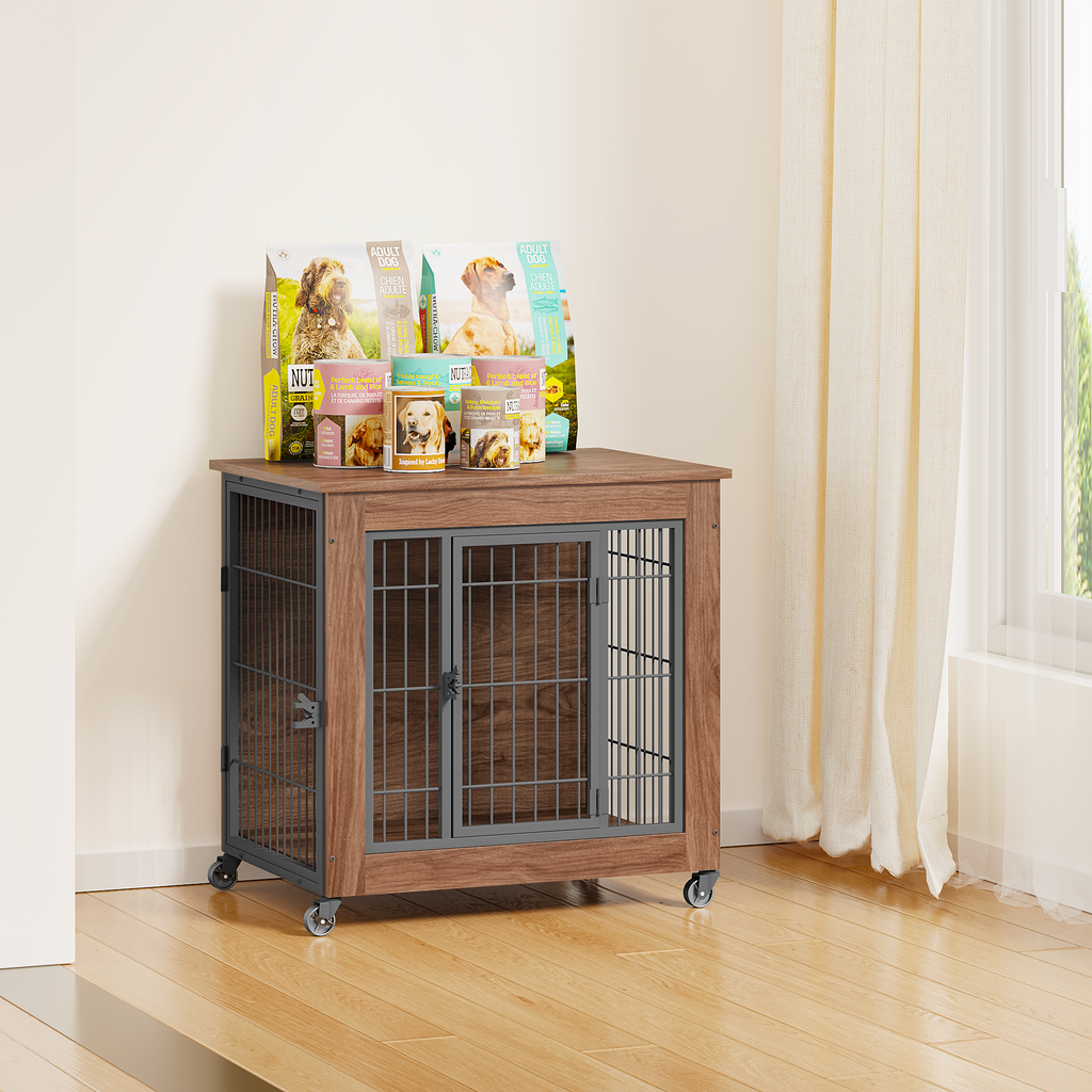 Heavy Duty Wooden Dog Crate Furniture with Wheels– Indoor Pet Kennel