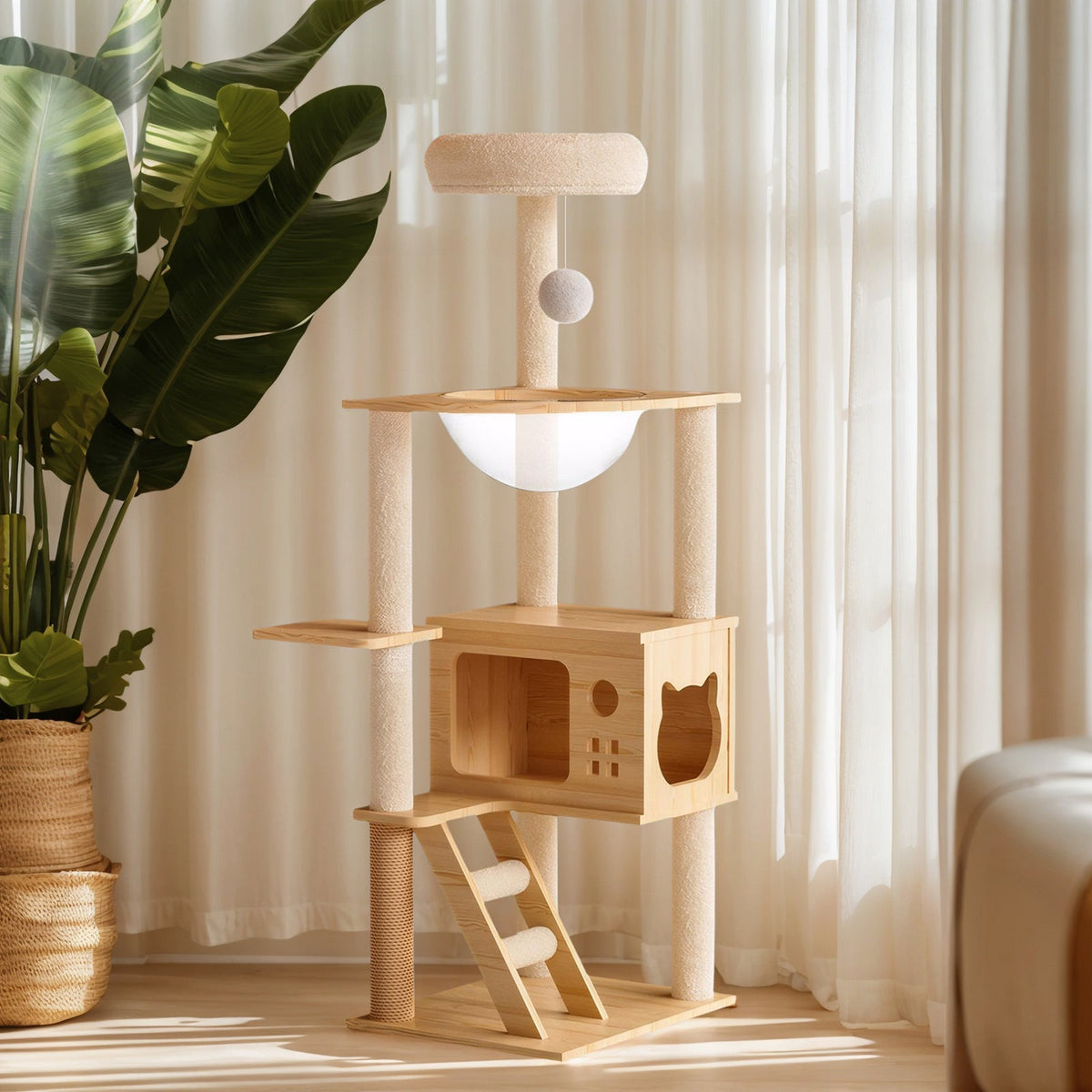 48.8-Inch Modern Wood Cat Tree with Sisal Posts, Acrylic Hammock and