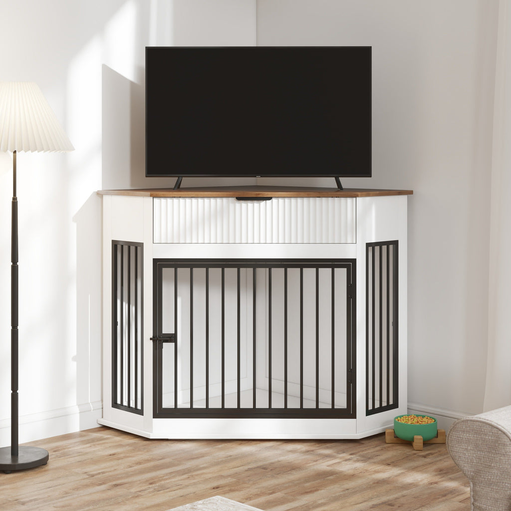 44.6" Corner Dog Crate Furniture with Fluted Drawer – MDF Wooden Dog