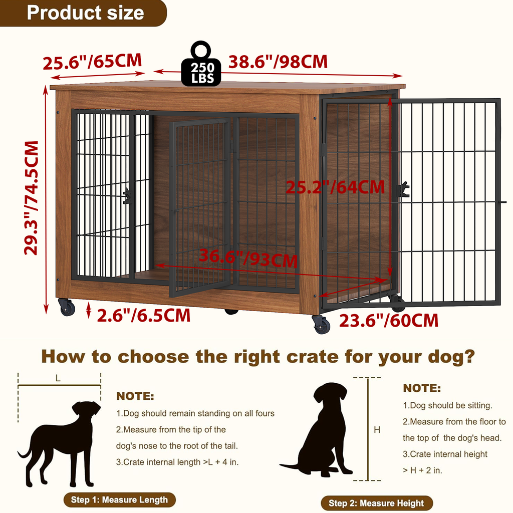 Heavy Duty Wooden Dog Crate Furniture with Wheels– Indoor Pet Kennel