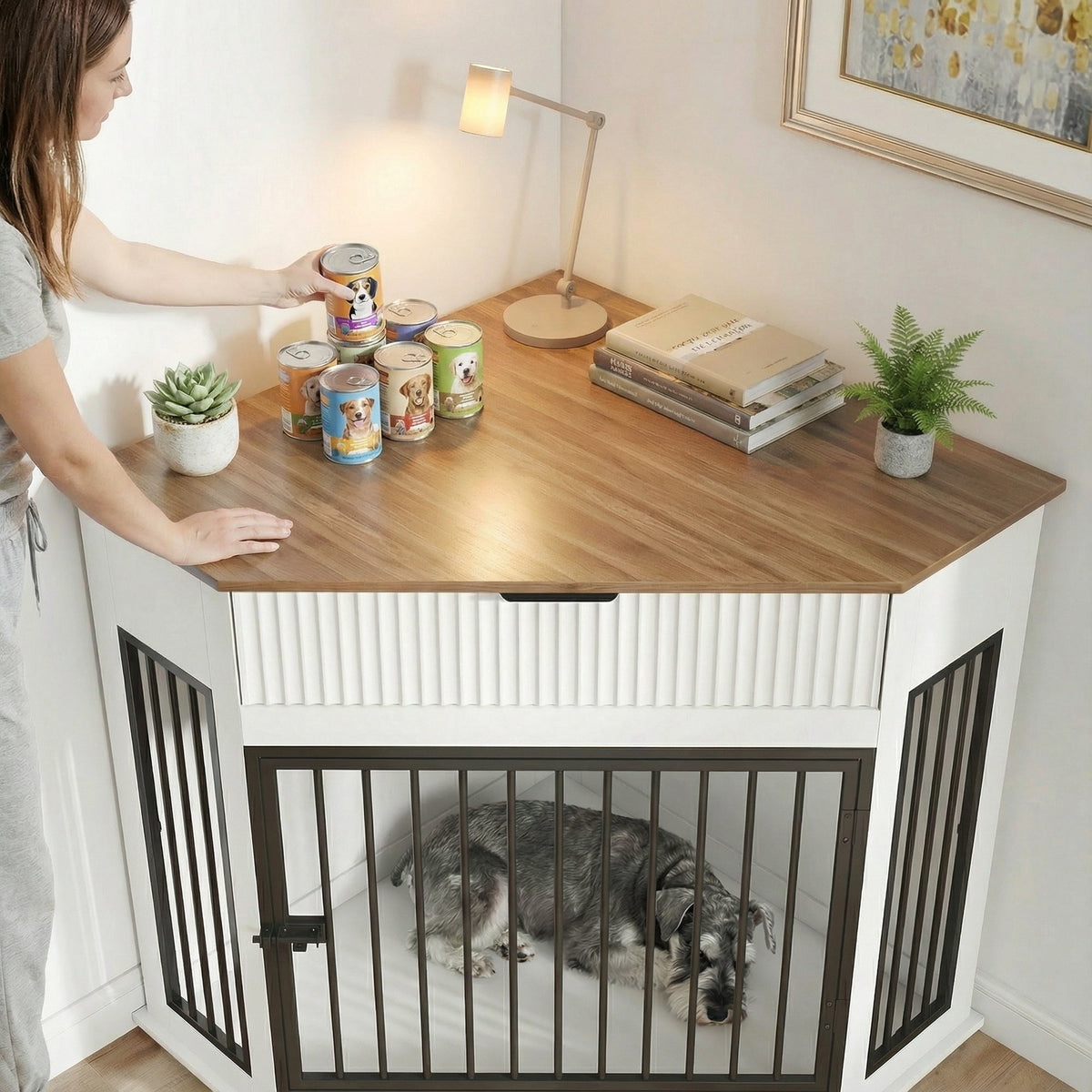 44.6" Corner Dog Crate Furniture with Fluted Drawer – MDF Wooden Dog