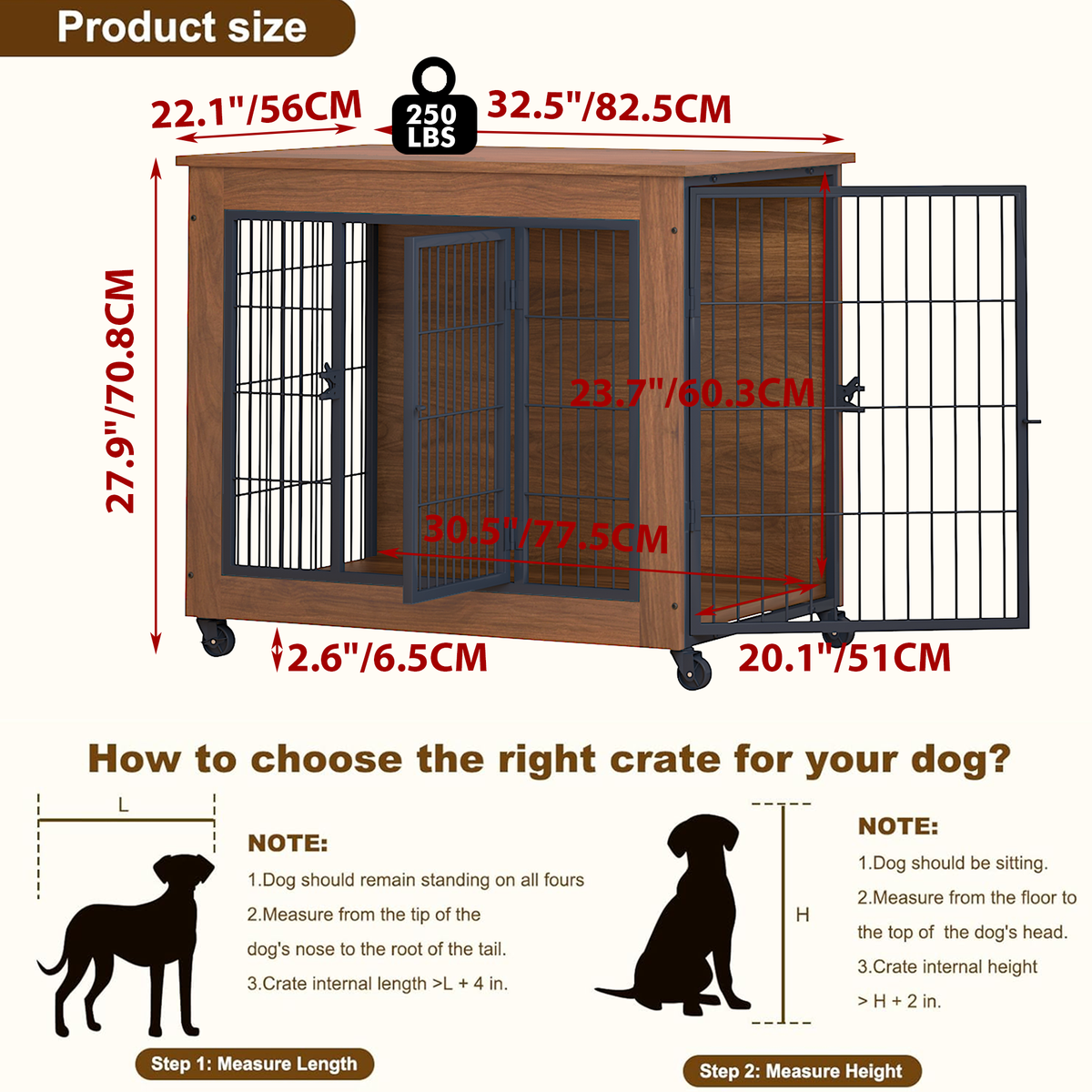 Heavy Duty Wooden Dog Crate Furniture with Wheels– Indoor Pet Kennel