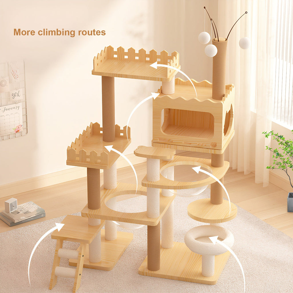 66.9-Inch Modern Wood Cat Tree with Sisal Posts, Acrylic Hammock and