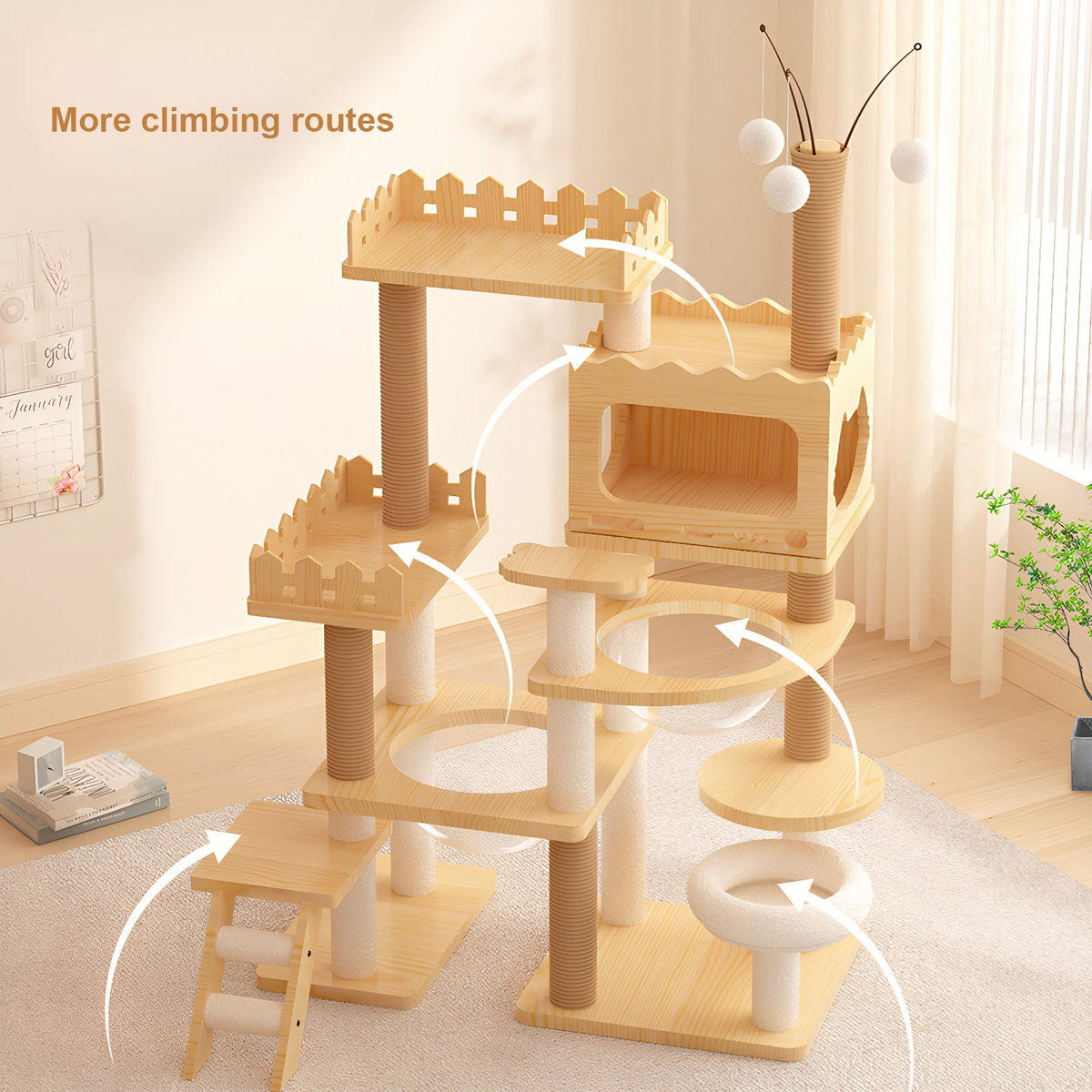 66.9-Inch Modern Wood Cat Tree with Sisal Posts, Acrylic Hammock and