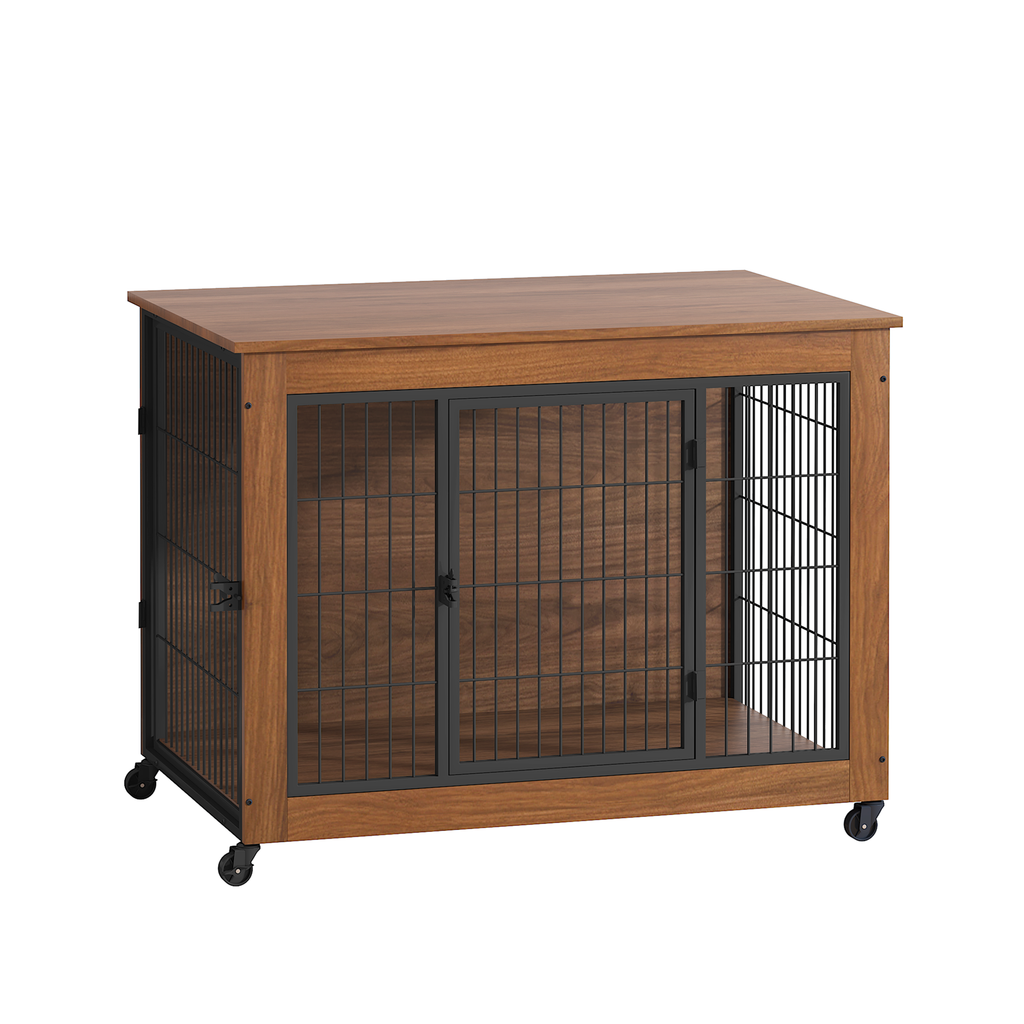 Heavy Duty Wooden Dog Crate Furniture with Wheels– Indoor Pet Kennel