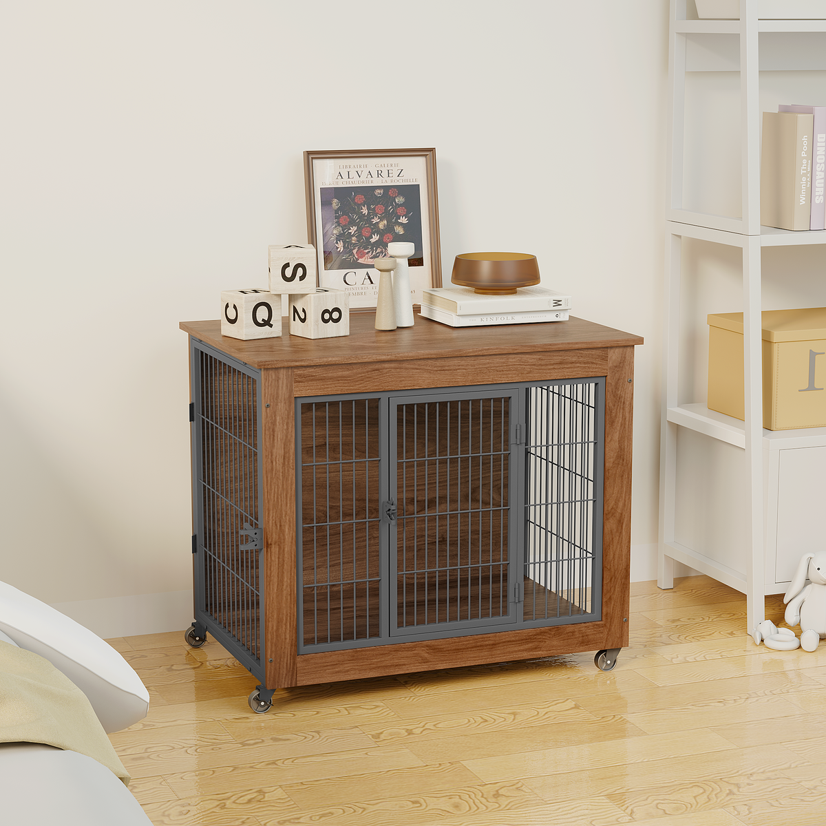 Heavy Duty Wooden Dog Crate Furniture with Wheels– Indoor Pet Kennel