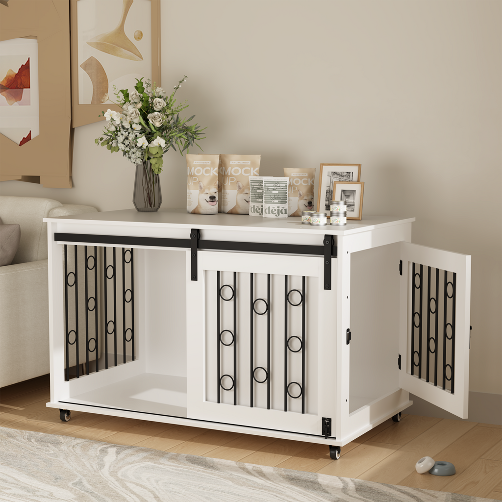 Modern Wooden Dog Crate Furniture with Sliding Barn Door – MDF Indoor