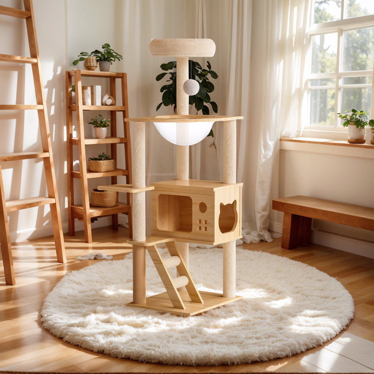 48.8-Inch Modern Wood Cat Tree with Sisal Posts, Acrylic Hammock and