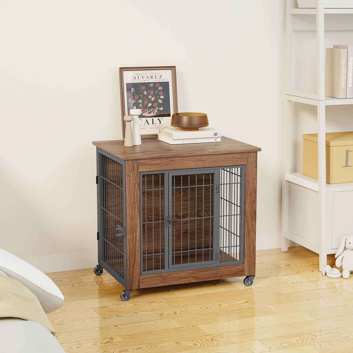 Heavy Duty Wooden Dog Crate Furniture with Wheels– Indoor Pet Kennel