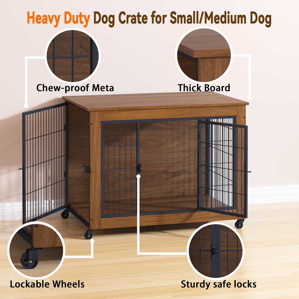 Heavy Duty Wooden Dog Crate Furniture with Wheels– Indoor Pet Kennel