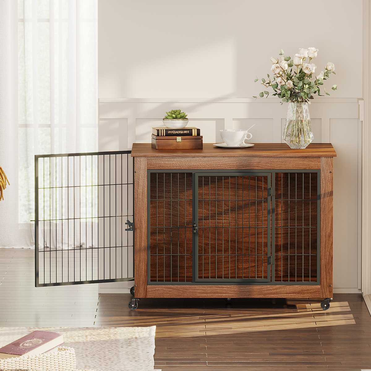 Heavy Duty Wooden Dog Crate Furniture with Wheels– Indoor Pet Kennel