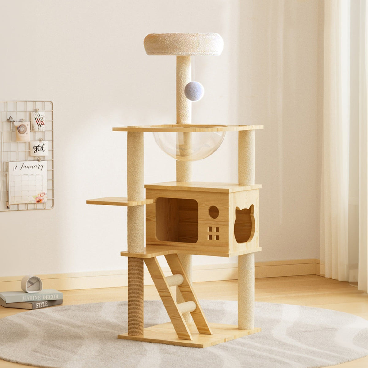 48.8-Inch Modern Wood Cat Tree with Sisal Posts, Acrylic Hammock and