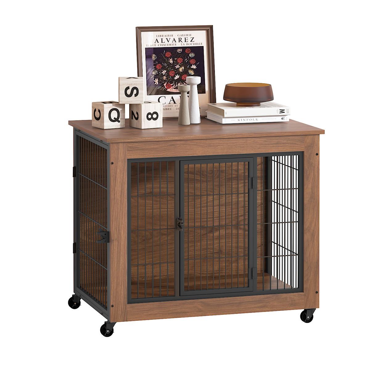 Heavy Duty Wooden Dog Crate Furniture with Wheels– Indoor Pet Kennel