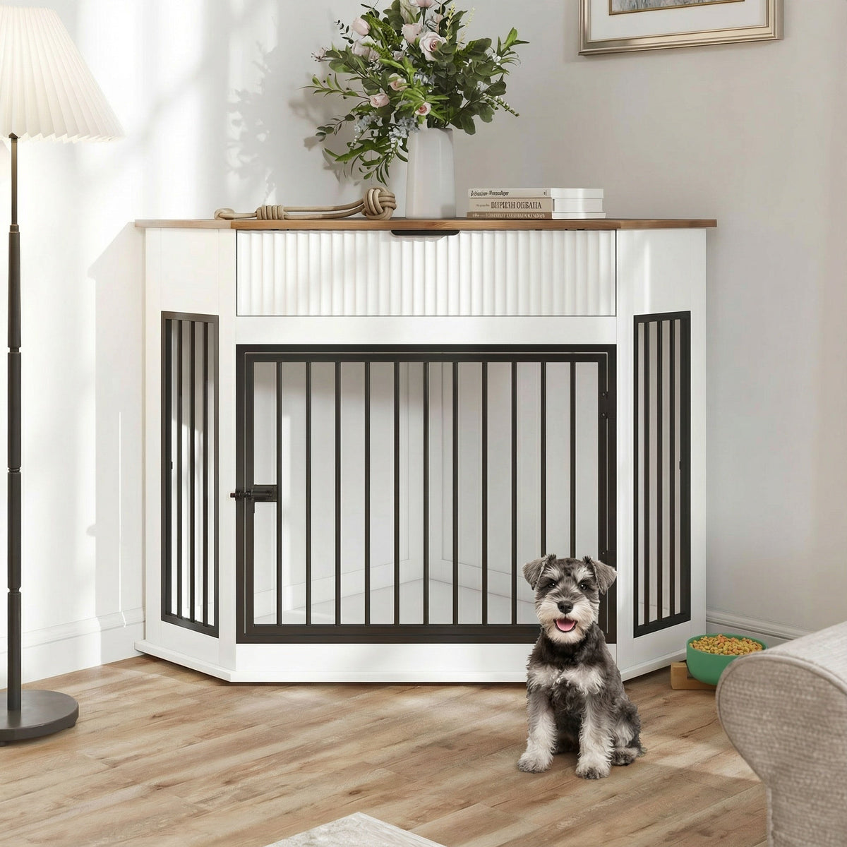 44.6" Corner Dog Crate Furniture with Fluted Drawer – MDF Wooden Dog