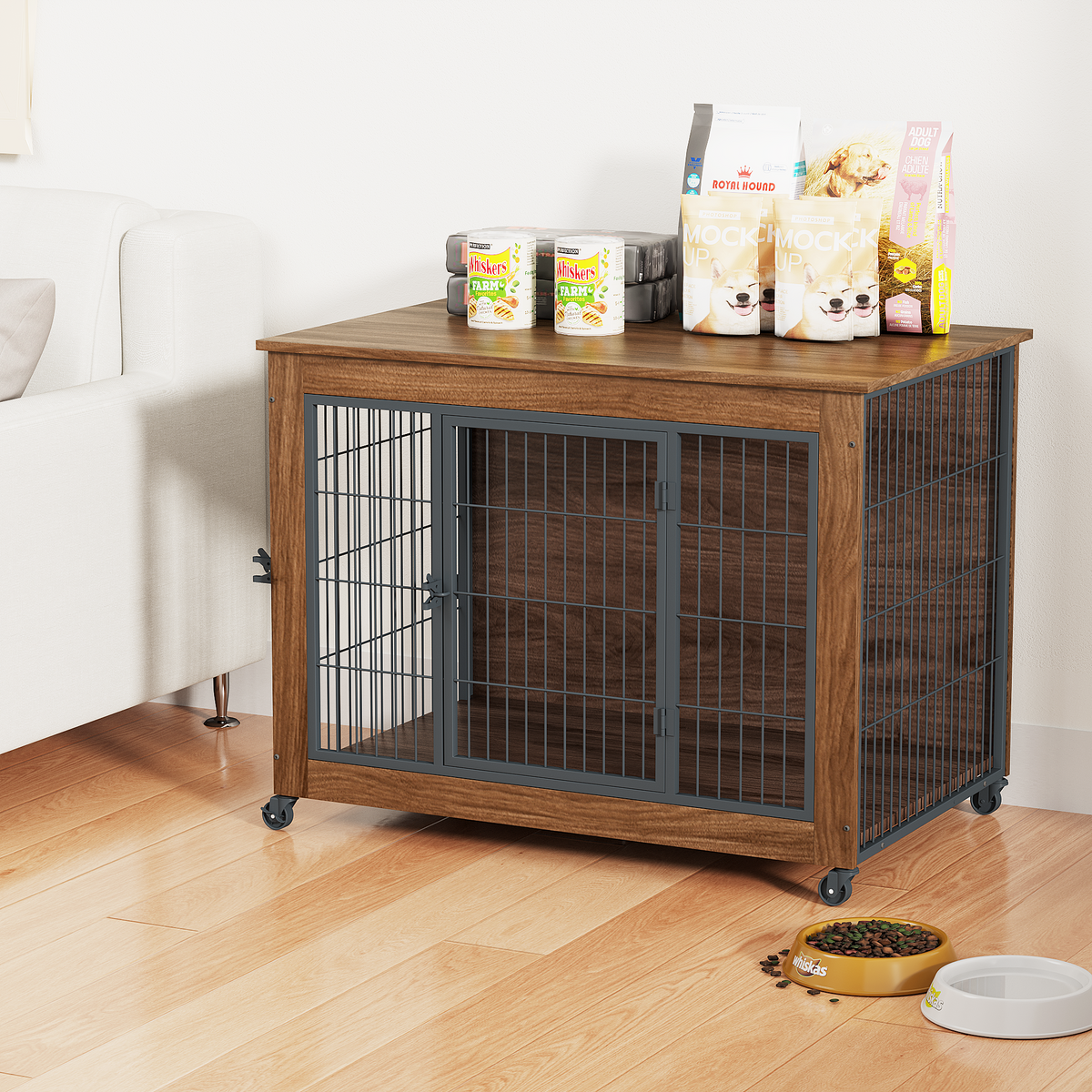 Heavy Duty Wooden Dog Crate Furniture with Wheels– Indoor Pet Kennel