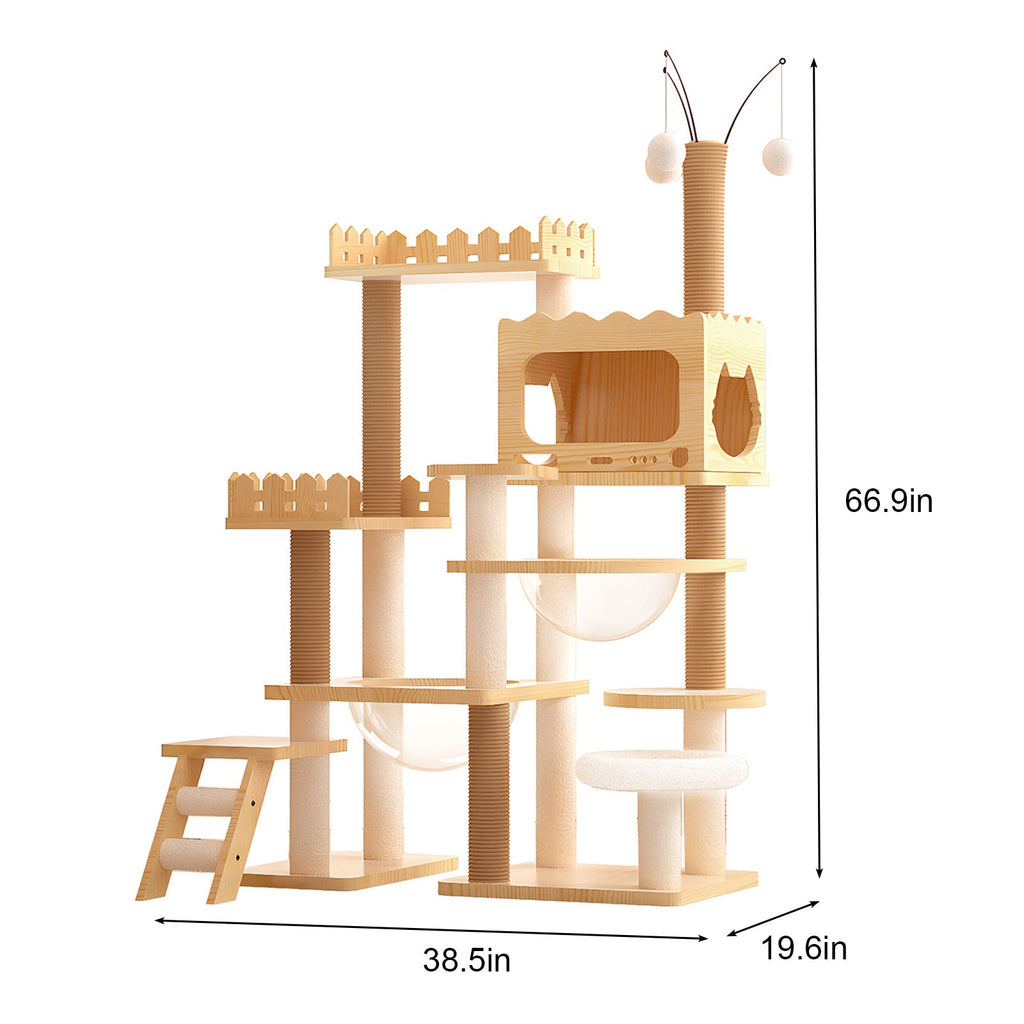 66.9-Inch Modern Wood Cat Tree with Sisal Posts, Acrylic Hammock and