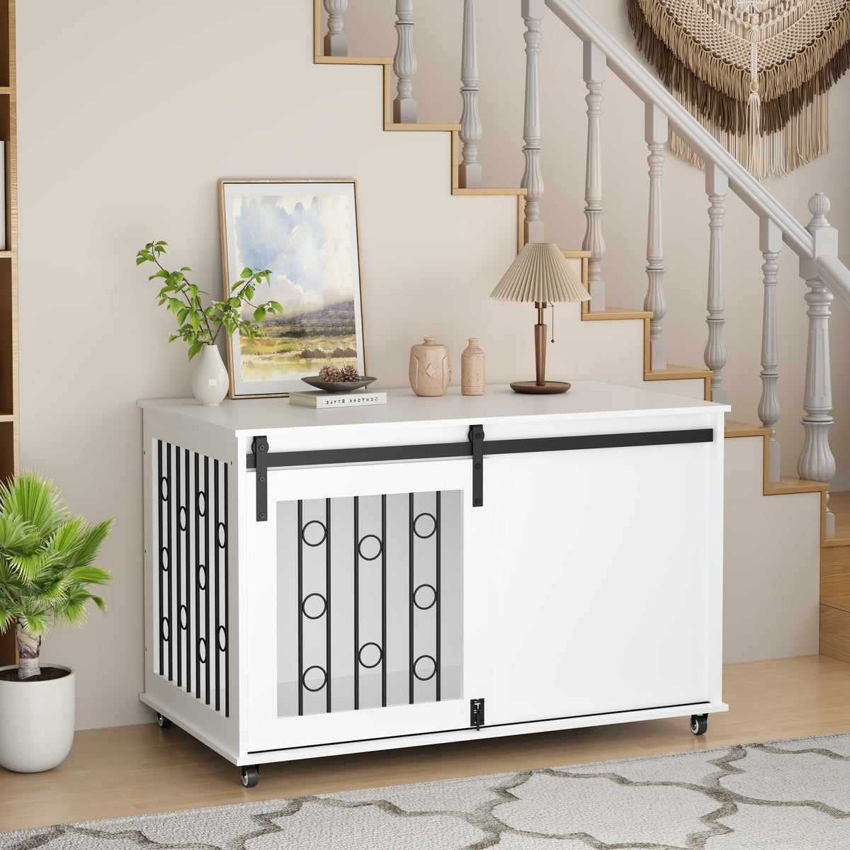 Modern Wooden Dog Crate Furniture with Sliding Barn Door – MDF Indoor
