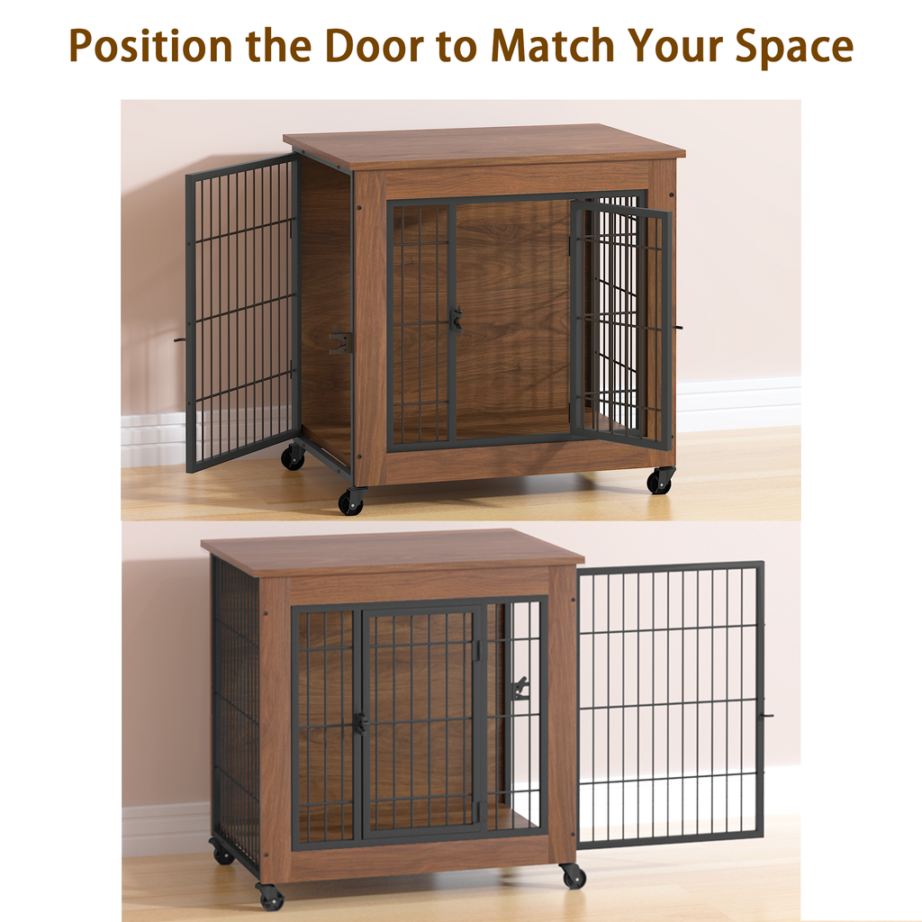 Heavy Duty Wooden Dog Crate Furniture with Wheels– Indoor Pet Kennel