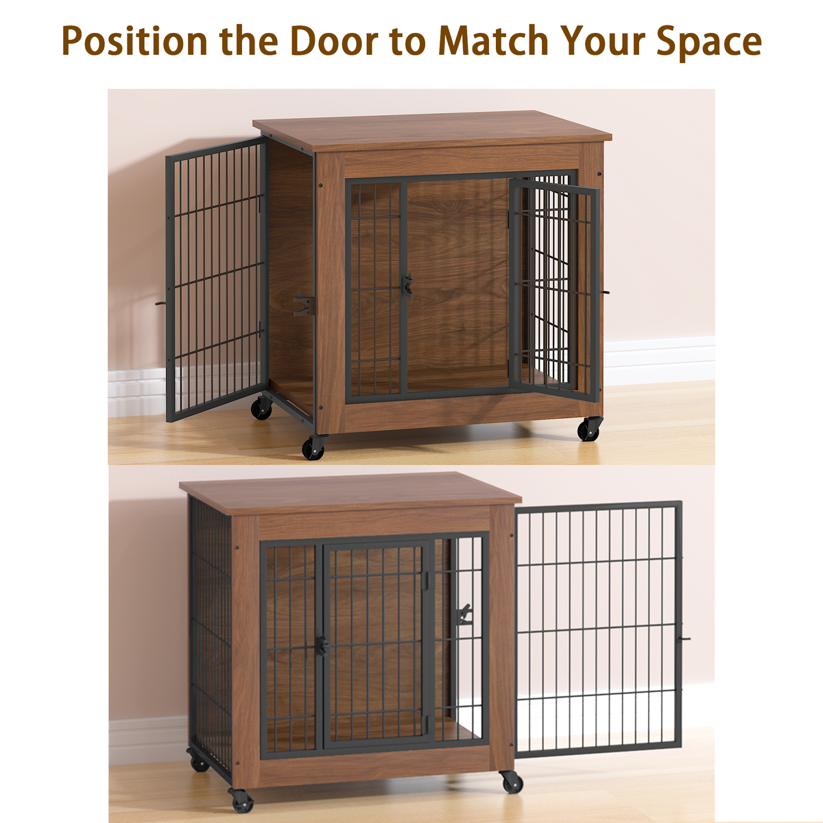 Heavy Duty Wooden Dog Crate Furniture with Wheels– Indoor Pet Kennel