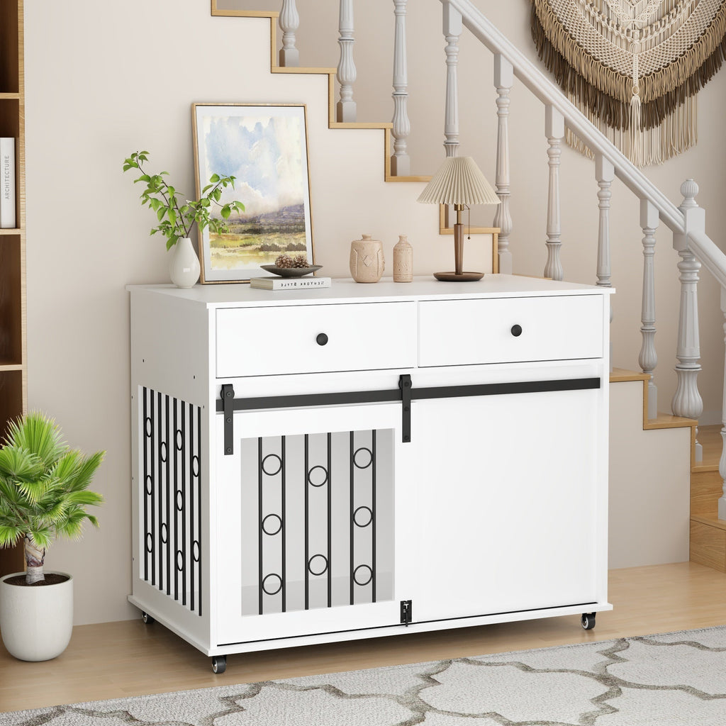 Modern Wooden Dog Crate Furniture with Sliding Barn Door – MDF Indoor