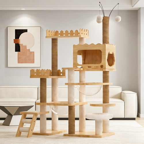 66.9-Inch Modern Wood Cat Tree with Sisal Posts, Acrylic Hammock and