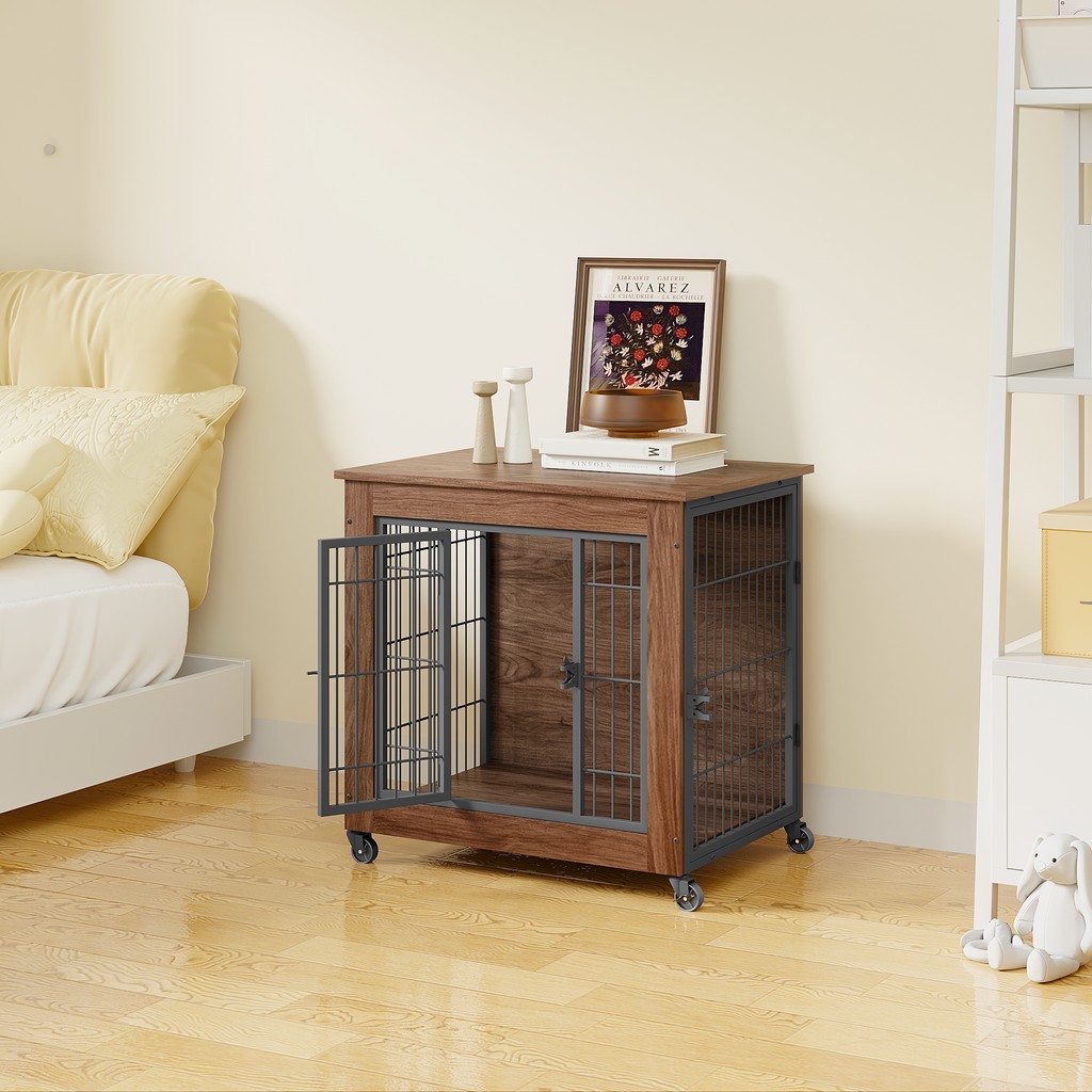 Heavy Duty Wooden Dog Crate Furniture with Wheels– Indoor Pet Kennel