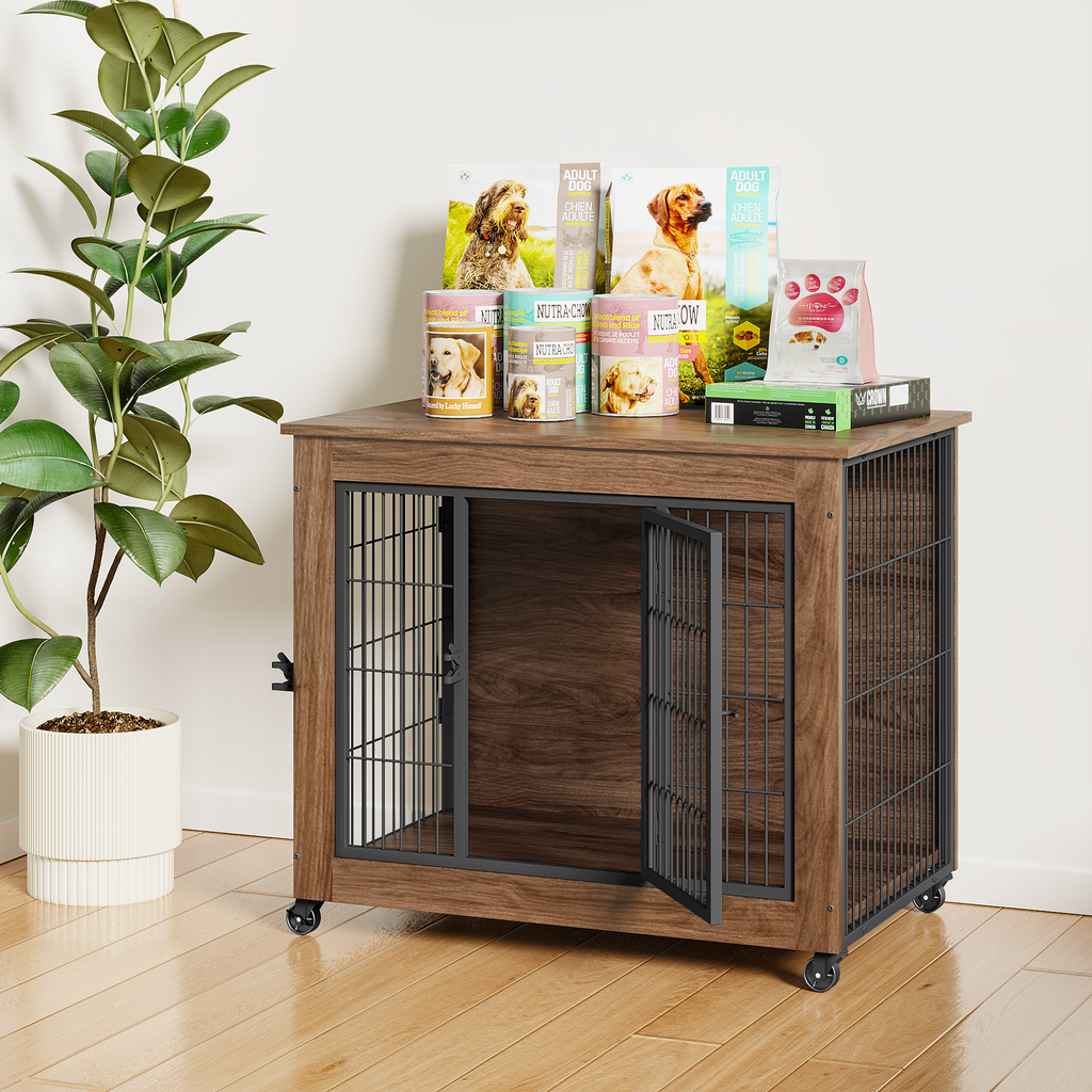 Heavy Duty Wooden Dog Crate Furniture with Wheels– Indoor Pet Kennel