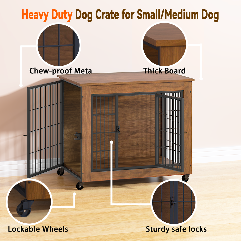 Heavy Duty Wooden Dog Crate Furniture with Wheels– Indoor Pet Kennel