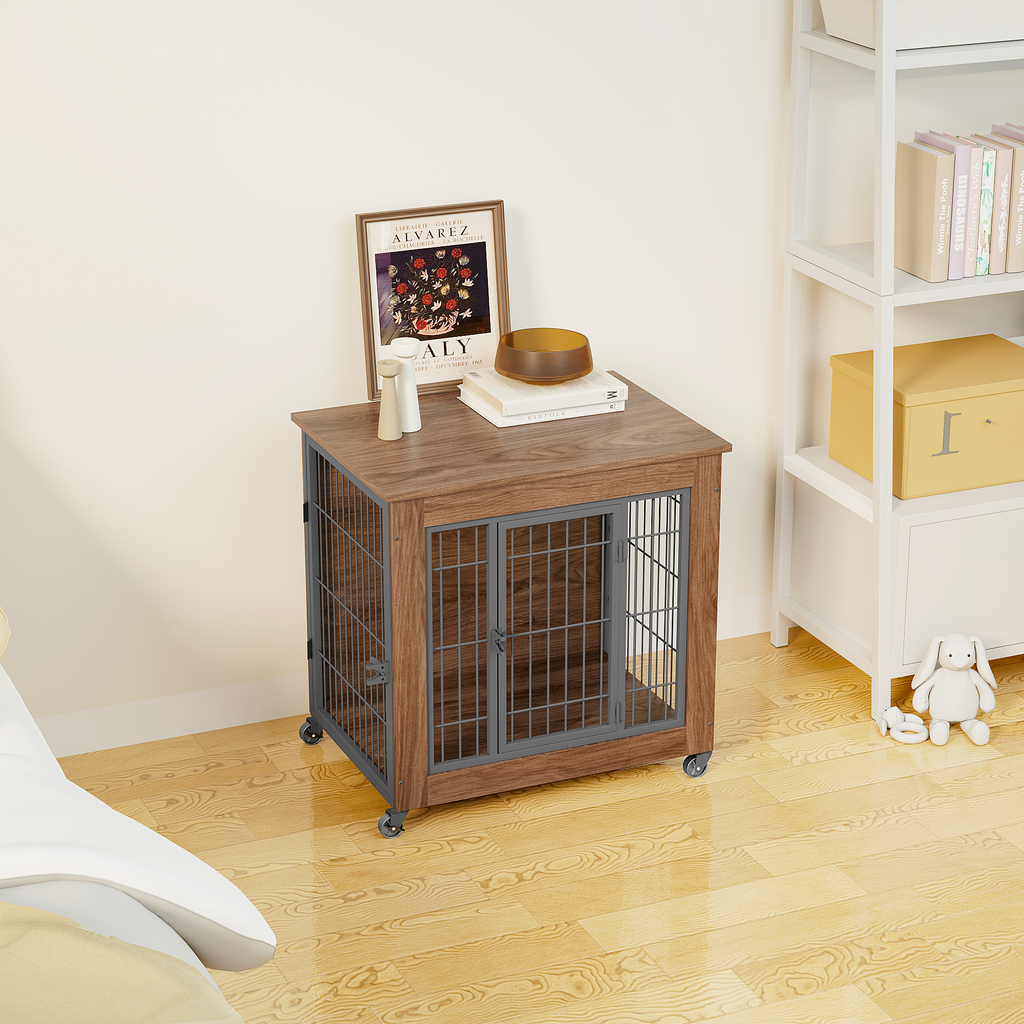 Heavy Duty Wooden Dog Crate Furniture with Wheels– Indoor Pet Kennel
