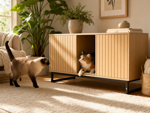 Modern Wooden Cat House with Scratching Mat – Heavy Duty Indoor Cat