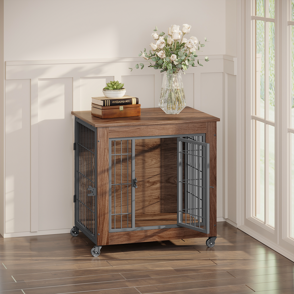 Heavy Duty Wooden Dog Crate Furniture with Wheels– Indoor Pet Kennel