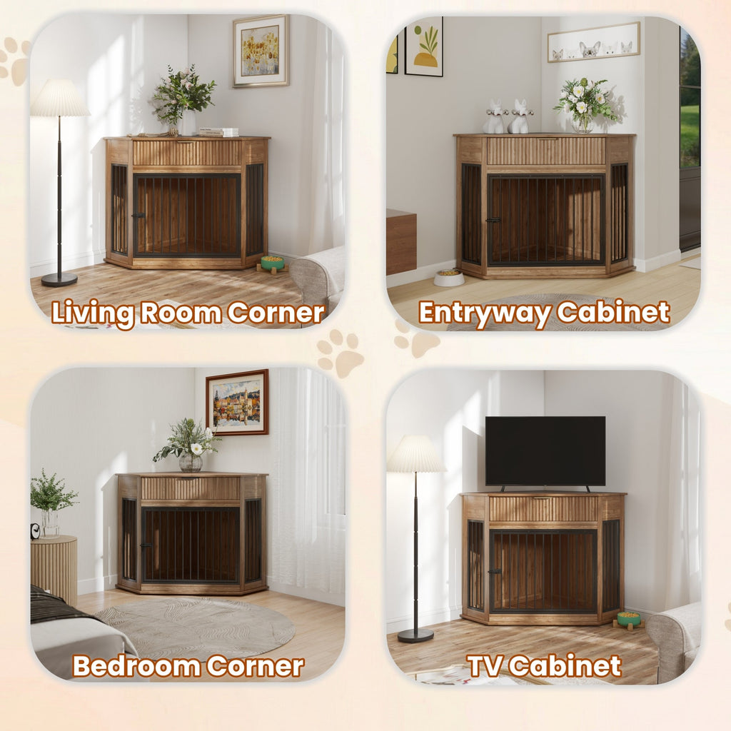 44.6" Corner Dog Crate Furniture with Fluted Drawer – MDF Wooden Dog