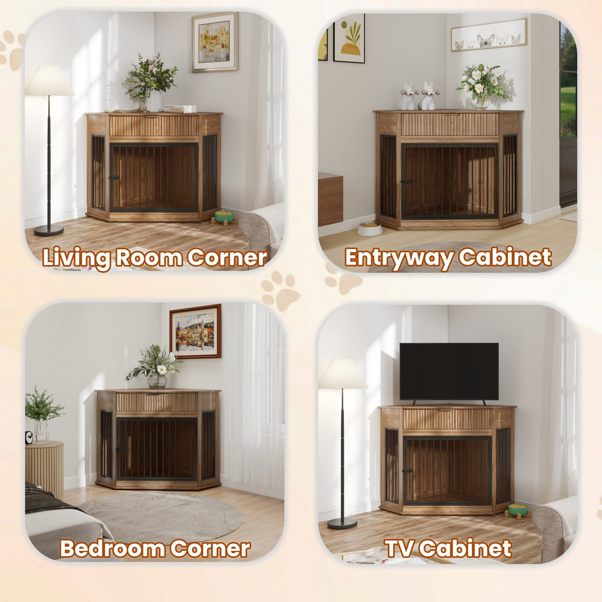 44.6" Corner Dog Crate Furniture with Fluted Drawer – MDF Wooden Dog